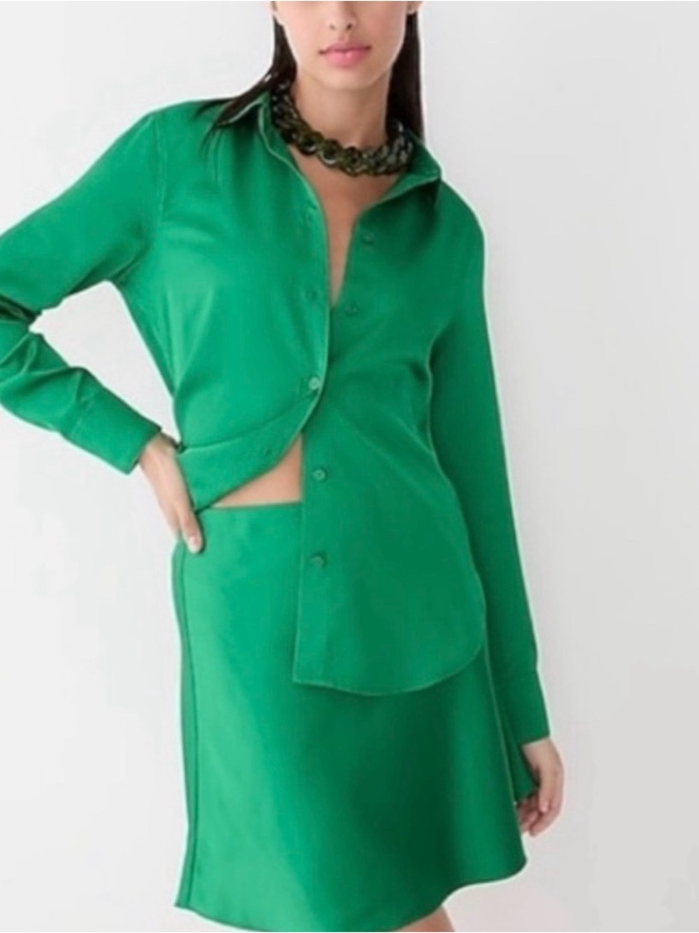 J. Crew Vibrant Green Satin Button-Down Shirt and Matching Skirt